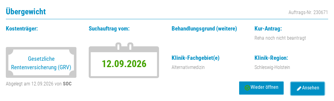 Ein Eintrag in der Liste Allgemein bearbeitet mit dem Vermerk Abgelegt am und den Knöpfen Wieder öffnen und Ansehen